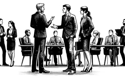 DALLE A black and white hand drawn illustration of two professionals standing and engaged in a one on one conversation in the foreground They are actively x